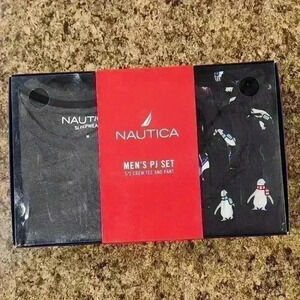 Men's Nautica PJ Pajama Set Short Sleeve Top Black Penguin Bottoms Fathers Day